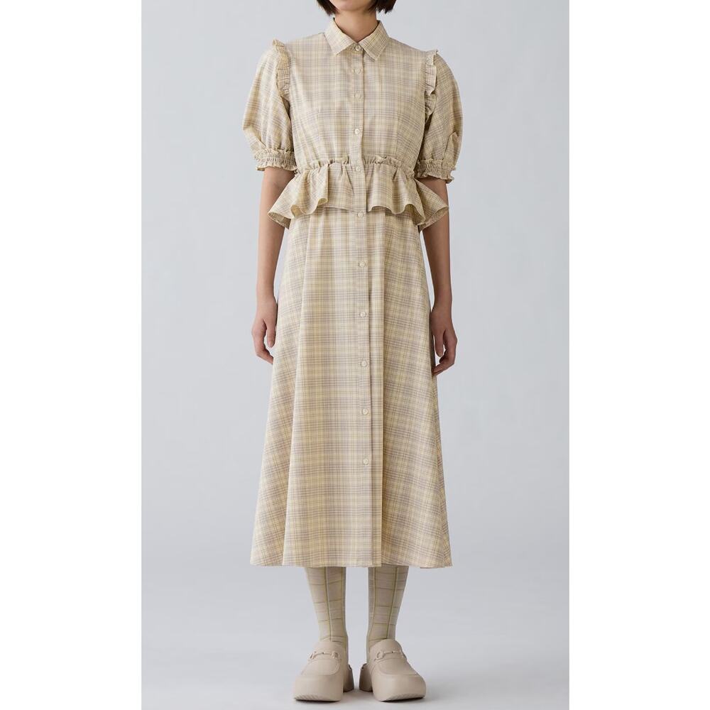 GU (Uniqlo) x Rokh Half Sleeve Shirt Dress in Beige Plaid Check